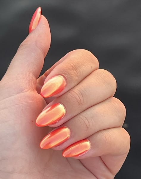 #sunset #orange #nail #nails #nailart #nailpolish #color #nailcolor Orange Chrome Nails, Sunset Nails, Orange Nails, Holographic Nails, Dope Nails, Chrome Nails, Gel Nail, Halloween Nails, Coffin Nails