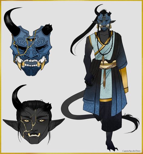 Oni Dnd Character, Blue Oni Character Art, Masked Tiefling, Horned Character Design Male, Three Eyed Character Design, Masked Dnd Character Art, Dnd Oni Character Design, Dnd Oni, Oni Tiefling