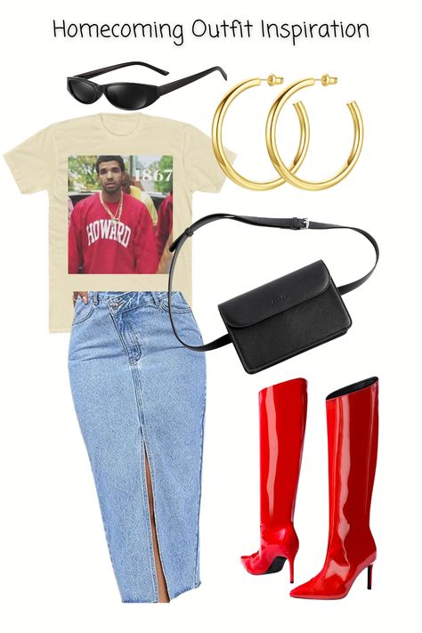 Drake Howard T-shirt with a denim midi skirt, red knee high boots, black belt bag with gold earrings and black slick sunglasses Howard Homecoming Outfits, Homecoming Brunch, Edgy Feminine Outfits, Howard Homecoming, Homecoming Outfit, Edgy Girls, Fall Outfit Inspiration, Homecoming Party, Homecoming Outfits