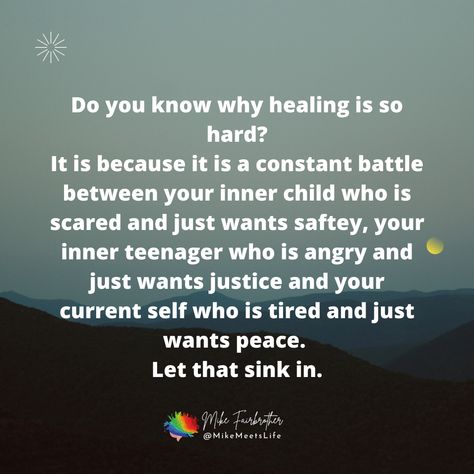 Healing is a challenging journey because it's a constant battle within. Your inner child is scared and craves safety, your inner teenager is angry and demands justice, and your current self is exhausted, yearning for peace. Understanding this internal struggle is the first step towards true healing. Embrace each part of yourself and allow the process to unfold. Let that sink in.

#healingjourney #innerchild #innerpeace #selfcare #mentalhealth #emotionalhealing #selflove #selfawareness #personal… Inner Teenager Healing, Identity Crisis Quotes, Inner Child Quotes, Personal Healing, Healing Inspiration, Sink In, Healing Quotes, Healing Journey, Inner Child