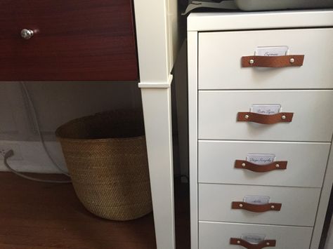 I used the white (off-white) IKEA Helmer drawer unit, did not attach the wheels that came with it. For the handles, I cut a 5/8" wide pleather belt Helmer Ikea Hack, Helmer Ikea, Ikea Helmer, Voxtorp Ikea, Hemnes Chest Of Drawers, Ikea Office Furniture, Circus Design, Ikea Office, Alex Drawer