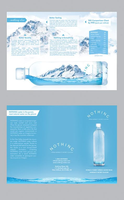 The world's purest water brochure design on Behance Bottled Water Design, Water Brochure Design, Water Product Design, Water Branding Design, Water Label Design, Water Packaging Design, Water Graphic Design, Water Bottle Label Design, Brochure Design Layouts