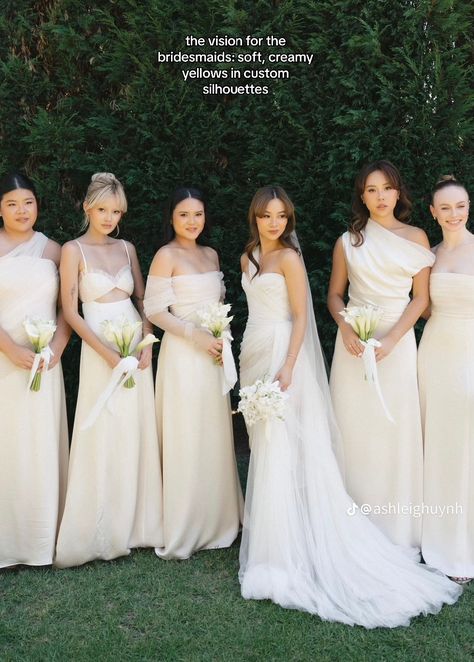 Off White Bridesmaids, Cream Bridesmaid Dresses Ivory, Ashleigh Huynh Wedding, Outdoor Wedding Bridesmaid Dresses, Neutral Bridesmaids Dresses, White Bridesmaid Dress, Cream Bridesmaids, Cream Bridesmaid Dresses, Christmas Wedding Themes