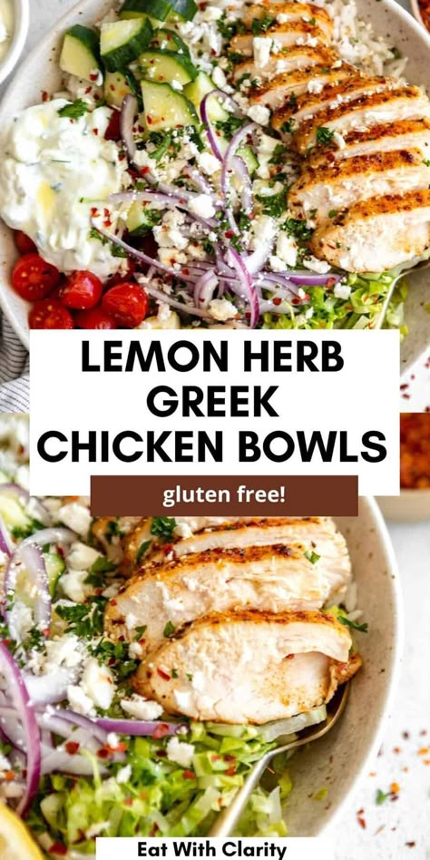 These lemon herb greek chicken bowls are easy to make, healthy and perfect for meal prep. These bowls are high in protein, loaded with veggies and gluten free with homemade tzatziki. Quick Greek Dinner, Protein Bowls With Chicken, Herb Dinner Recipes, Greek Chicken Grain Bowls, Chicken And Hummus Bowl, Gluten Free Dinner Menu Ideas, Healthy Food Prep Recipes, Gluten Free Nutrient Dense Meals, Meals For People With No Gallbladder