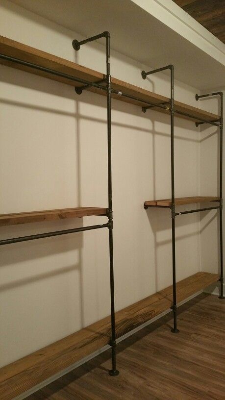 Black iron pipe master closet shelving with tall dress hanging section #olmsteadhomesteads #buildqualitylife Pipe Closet, Diy Pipe Shelves, Closet Shelving, Tall Dress, Diy Pipe, Closet Remodel, Closet Room, Pipe Shelves, Closet Shelves