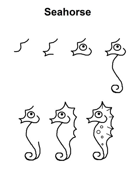 Step-by-step tutorial to draw a seahorse. Drawings Of Seahorses, How To Draw A Seahorse Easy, Cute Easy Ocean Drawings, Cute Sea Creatures Drawing Easy, Sea Dragon Drawing Easy, How To Draw A Seashell Step By Step, How To Draw Seahorse, How To Draw A Seahorse Step By Step, Starfish Drawing Easy