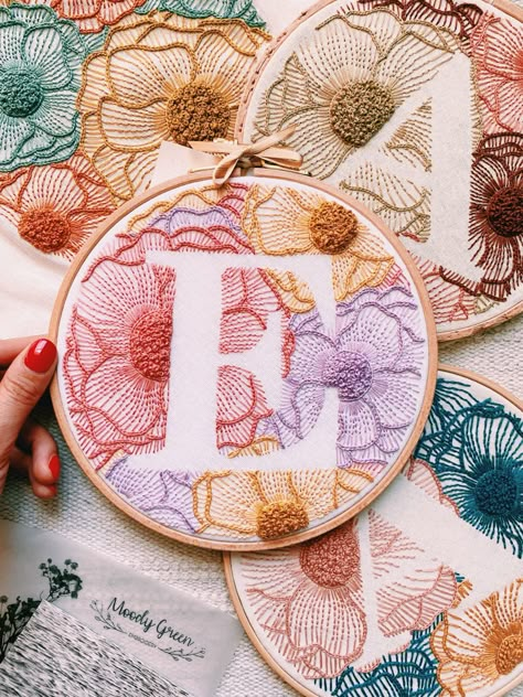 Embroidered Letters Floral, Embroidery Letter Patterns, How To Embroider Letters, Hand Embroidery Letters, Moody Green, Embroidered Wall Art, Letter Wall Decor, Embroidery Wall Art, Embroidered Letters