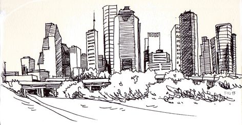 Houston skyline Ink on paper Houston Drawing Ideas, Houston Themed Tattoos, Houston Skyline Tattoo, Houston Skyline Drawing, Houston Drawing, Houston Texas Tattoos, Houston Skyline Outline, Serious Tattoos, Town Scenery