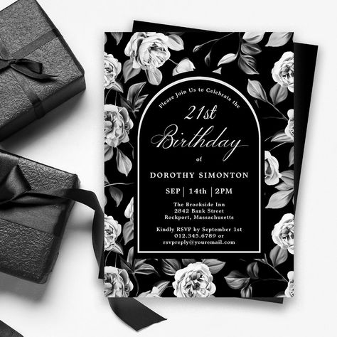 Black White Rose Floral Arch 21st Birthday Invitation #Invitation #card #template #design #pinterestquotes #pinterestideas #pinterestmom #pinterestwedding #aesthetic #love #art #pinterestsuccess Winter Birthday Invitations, Winter Onederland Birthday Party, Black Arch, 90th Birthday Invitations, Winter Invitations, 70th Birthday Invitations, 80th Birthday Invitations, 16th Birthday Invitations, 21st Birthday Invitations