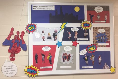 7 Habits superhero Spider- Man comic book Bulletin Board Comic Bulletin Board, Spiderman Ra Bulletin Board, Comic Strip Bulletin Board, Office Bulletin Board Ideas, Academic Portfolio, Superhero Bulletin Boards, Book Bulletin Board, Marvel Decor, Spiderman Decorations