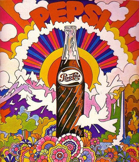 Symmetrical Illustration, Pepsi Advertisement, 70s Illustration, John Alcorn, Trippy Visuals, Peter Max, Pepsi Cola, City Illustration, Hippie Art