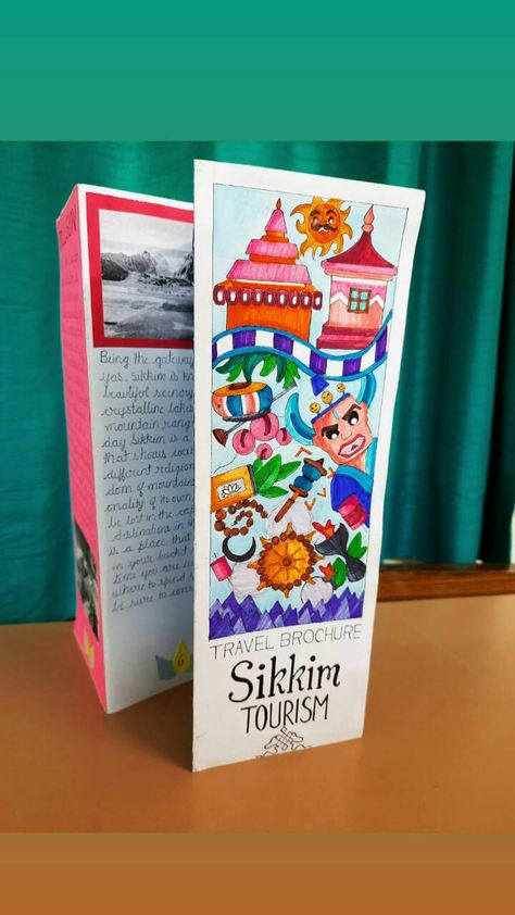 Handmade Brochure Design Ideas, Aesthetic Travel Brochure Ideas, Travel Broucher Design Creative, Sikkim Brochure Handmade, Sikkim Travel Brochure, Handmade Travel Brochure Ideas, Travel Brochure School Project Aesthetic, Travel Broucher Ideas Design, Sikkim Brochure