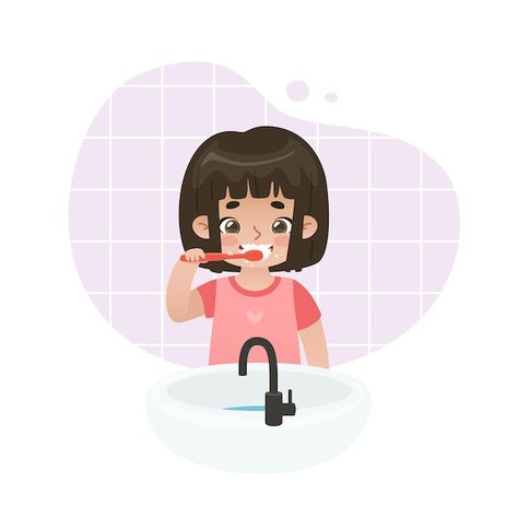 Vector cute baby girl brushing her teeth... | Premium Vector #Freepik #vector #brush-teeth #baby-tooth #kids-teeth #cute-cartoon Kids Brushing Teeth, Hygiene Illustration, Teeth Illustration, Teeth Drawing, Tooth Cartoon, Brush Teeth, Kids Teeth, Tiny Steps, Sikat Gigi