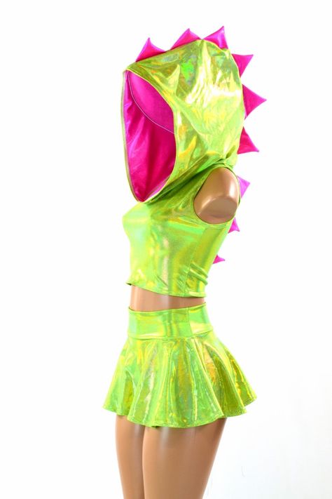 Sleeveless Lime Green Holographic Dragon Spiked Crop Hoodie & Mini Skirt Set / Pink Spikes / Hood Lining Festival Outfit Rave  151487 (89.99 USD) by CoquetryClothing Hoodie Mini Skirt, Rave Outfits Edc, Dragon Hoodie, Festival Outfits Rave, Fest Outfits, Outfits Rave, Mini Skirt Set, Crop Hoodie, Rave Wear