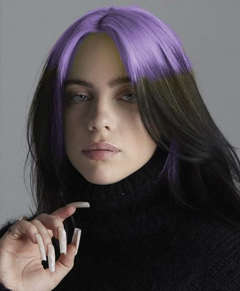 Black Hair With Purple Roots, Colored Roots With Black Hair, Billie Eilish Purple, Purple Roots, Colored Hair Roots, Blonde Hair With Roots, Blonde Hair With Bangs, Diy Hair Color, Billie Eillish