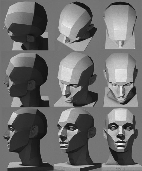 Art Reference 3/4 View, Face Plains Reference, Facial Planes Study, Sculpture Drawing Reference, Planes Of The Face Reference, Drawing Heads Angles, Faces Different Angles, Top Of Head Reference, Head Turnaround Reference