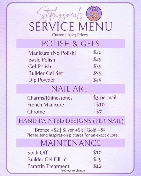 UPDATED Current Pricing! (AS OF MAY 2024) Your new home for nails 💜✨ DM to book! 💌 Consultations through dm can result in a price estimate for your chosen service as well💜 (included great customized music vibes/therapy session/girl chat and of course the COOLEST nails that every one will want to stop and stare) . . . #stephygnails #Nails #nailart #naildesigns #nailtrends #nailinspiration #nailinspo #nailideas #naturalnails #simplenailart #nailpolish #nailartist #nailsofinstagram #nailstagram ... Nails Home Service, Nail Pricing, Nail Salon Aesthetic, Home Nail Salon Ideas, Coolest Nails, Island Nails, Hello Kitty Wallpaper Hd, Content Inspiration, G Nails