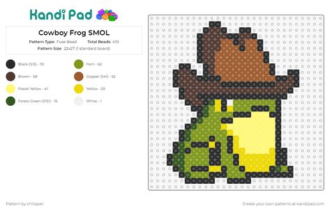 This delightful fuse bead pattern offers a whimsical take on a cowboy frog, complete with a rustic hat, ideal for adding a touch of quirky charm to your kandi creations. Frog Perler Bead Pattern, Frog Perler Beads, Kandi Creations, Perler Templates, Cowboy Frog, Perler Creations, Fuse Bead Patterns, Pony Bead Patterns, Beads Designs