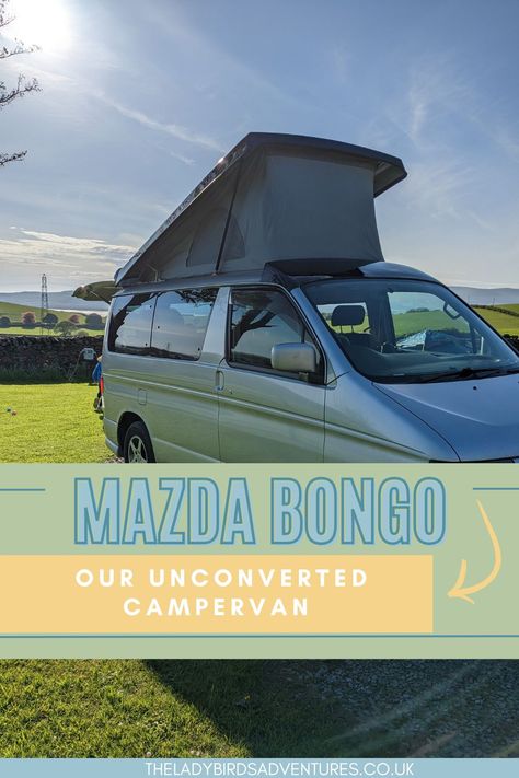 Mazda bongo campervan and text that reads Mazda Bongo our unconverted campervan Bongo Camper, Mazda Bongo Friendee, Bongo Campervan, Mazda Bongo, Camping Activities For Kids, Tent Campers, Portable Shower, Cool Box, Camping Games