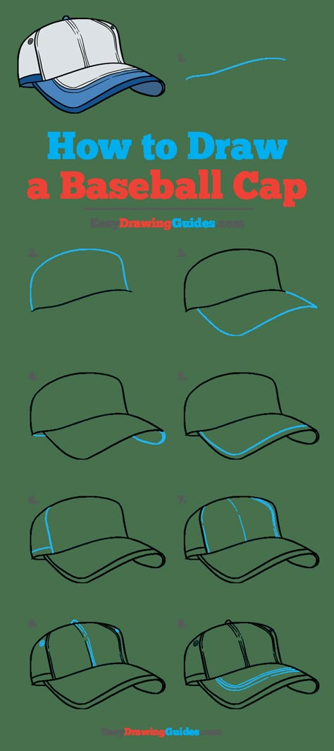 How to Draw a Baseball Cap - Really Easy Drawing Tutorial How To Draw Baseball Cap, How To Draw Cap, How To Draw A Hat, Cap Drawing Reference, Hats Drawing, Drawing Baseball, Cap Drawing, Drawing Tutorials For Beginners, Easy Drawing Tutorial