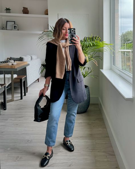 Felt preppy, might delete later. Blazer a couple of years old from @mango Jeans @hm (had them tailored) Loafers and bag @phaseeight *pr gift Cardigan @hm Outfit linked on stories/October highlight. #workoutfit #officeoutfit #officeoutfit #blazerandjeans #autumnoutfits #petitefashion #phaseeight #hmxme #preppyfashion #preppystyle #fashionover40 Loafers And Cardigan Outfit, Grey Striped Blazer Outfit, Cardigan Hm, Striped Blazer Outfit, Madewell Blazer, Pr Gift, Mango Jeans, Cardigan Outfits, Blazer With Jeans