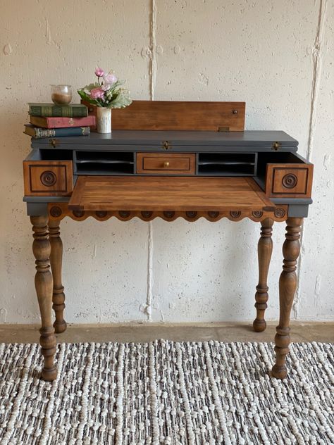 An antique spinet desk with a gray/blue top, inside, and sides, with a stained exposed wood legs, and drawers Spinet Desk, Writing Desk, Entryway Tables, Entryway, Desk, Writing, Furniture, Home Decor, Home Décor