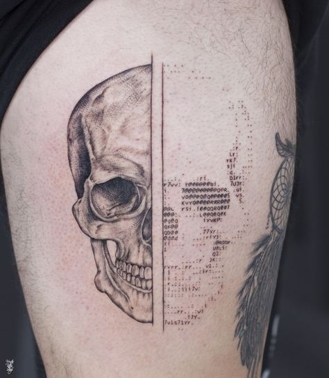 Fine Line Skull Tattoo Design, Split Skull Tattoo, Skull Brain Tattoo, Tattoo Designs For Wrist, Skull Line Work Tattoo, Skull Universe Tattoo, Masculine Skull Tattoo, Distorted Skull Tattoo, Surreal Skull Tattoo