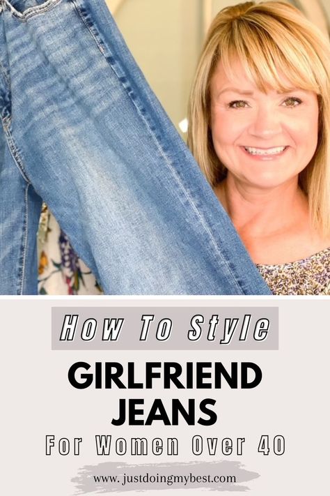 Are you looking for girlfriend jeans outfit ideas for women over 40 and over 50? Click here to fine the best tips and outfit ideas for wearing the looser, girlfriend style jeans for women over 40. If you're a mature women and want to wear the looser jeans to be a bit more comfortable, I certainly understand that. Here are some ideas to help us look and feel our very best in these looser styles. Follow me for more cute casual outfits and cold weather outfits for women over 40 and over 50! Wide Leg Pants Outfit Winter Casual, Ladies Wide Leg Jeans Outfits, How To Style Flare Jeans Winter Casual, Bell Bottom Jeans Outfit Work, Wide Leg Womens Jeans, Jeans For Middle Aged Women, Flare Jeans Over 50, Flair Leg Jeans Outfits, Wide Leg Carpenter Jeans Outfit