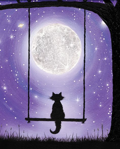 Purple Drawings Easy, Painting Ideas Moon Night Skies, Purple Moon Painting, Cat Art Whimsical, Cat Silhouette Drawing, Cat Silhouette Painting, Silhouette Art Painting, Purple Painting Ideas, Cat Silhouette Art