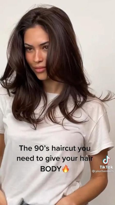 90s Haircuts Black Hair, Round Face Haircuts Latina, Volumizing Medium Length Haircut, Medium Hair Trends 2023, No Volume Haircut, Faceframe Layers Long Hair, Medium Length Haircut For Thick Hair Middle Part, Face Framing Layers Blowout, Dark Hair Cuts For Women