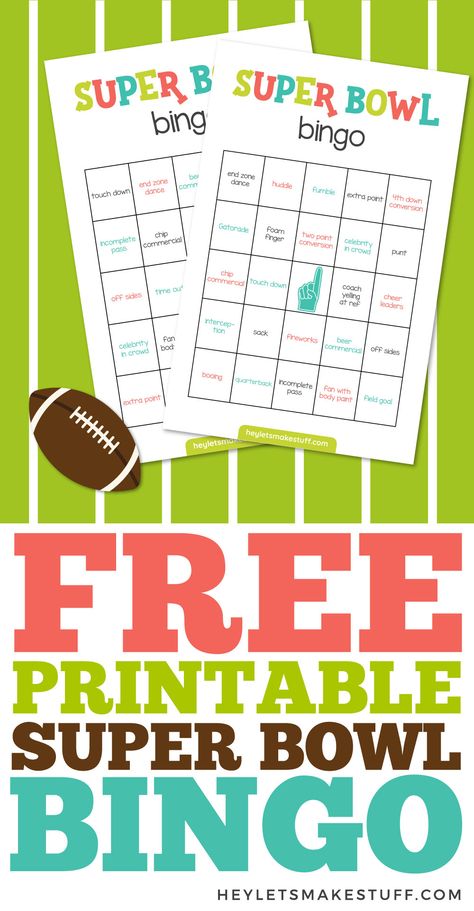 Super Bowl Bingo gets the whole family in on the Super Bowl action! Even if they're not football fans, they'll enjoy playing Super Bowl bingo. Includes ideas for prizes and a TON of other fun ideas for game day! Cricut Superbowl Projects, Super Bowl Games To Play Families, Super Bowl Games To Play, Super Bowl Bingo Cards, Super Bowl Bingo, Superbowl Party Games, Superbowl Game, Super Bowl Football, Bingo Cards Printable