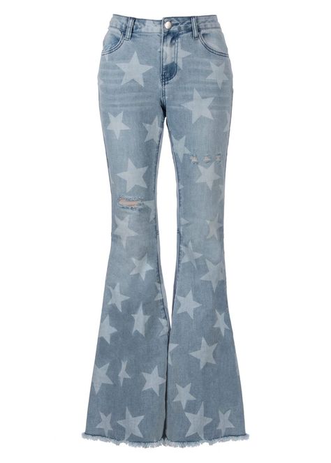 Bell Bottom Jeans Kids, Jeans With Stars On Them, Star Print Jeans, Star Pants Jeans, Star Themed Outfits, Jean Bell Bottoms, Star Flare Jeans, Stars Jeans, Bell Bottoms Jeans