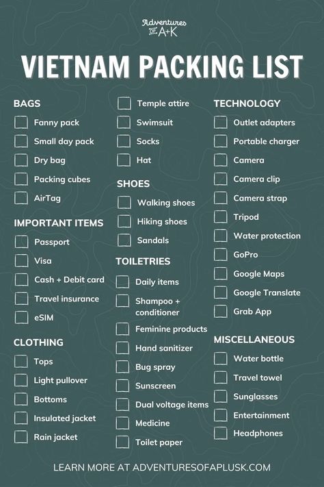 The Ultimate Vietnam Packing List (with printable list!) - Adventures of A+K What To Pack For Vietnam Trip, Packing List For Vietnam, Vietnam Travel Tips, Vietnam What To Wear, Vietnam Travel Outfit Ideas, Vietnam Ootd Travel Outfits, Vietnam Outfit Travel, Overseas Packing List, Vietnam Packing List