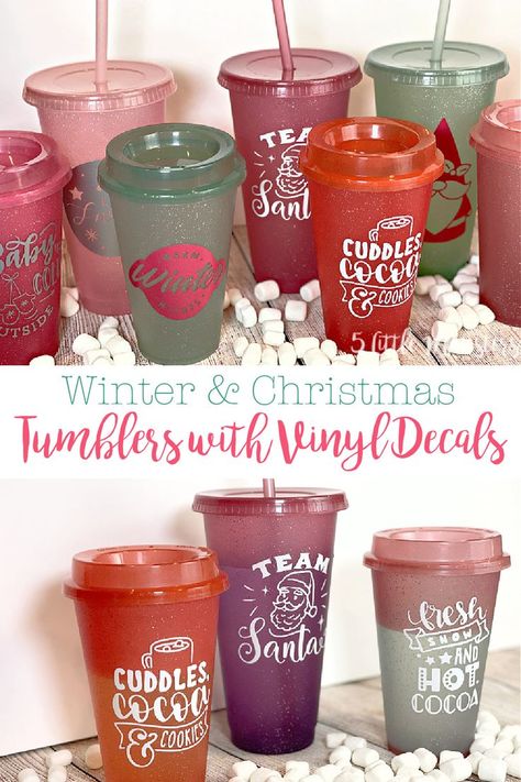 Add winter and Christmas themed vinyl decals to hot and cold color changing tumblers for a fun holiday gift. Color Changing Cups Vinyl Ideas, Christmas Tumbler Ideas Vinyl, Christmas Tumblers Ideas, Christmas Tumblr, Cricut Christmas Ideas, Traditions To Start, Christmas Cups, Holiday Boutique, Cute Diy Projects