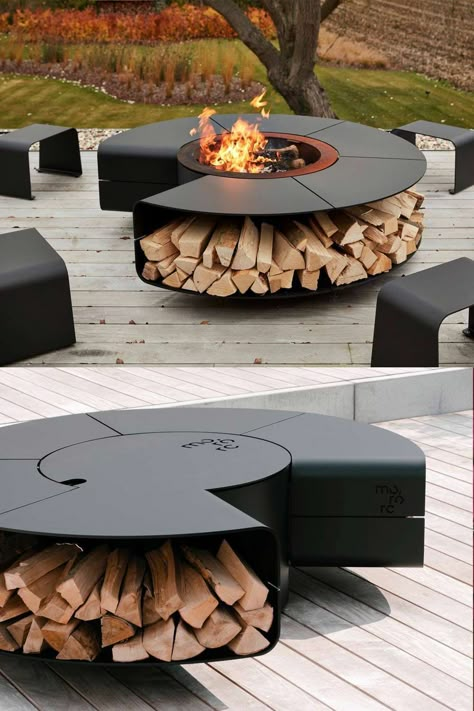 On top of being a fireplace, its engineered aluminum frame can be reconfigured into a sofa or a champagne bar using the accessories they have on offer. With them. the fire pit becomes a champagne bucket, a tabletop, or an outdoor parasol base. And the storage space underneath the pit can be used for wood or as a place to organize your extensive wine collection. Fire Pit Balcony Ideas, Wood Fire Pits, Mororo Rocco, Fire Pit Wood Storage, Outside Fire Pit Ideas, Unique Fire Pit Ideas, Metal Fire Pit Ideas, Fire Pit Landscaping Ideas, Outdoor Fire Pit Ideas