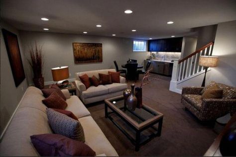 Like the location of the kitchenette by the smaller window in our basement. Also like the canned lights. #thebasement Carpet Basement Ideas, Brown Carpet Living Room, Carpet Basement, Dark Brown Carpet, Small Basement Remodel, Basement Guest Rooms, Basement Remodel Diy, Wall Colour, Brown Carpet