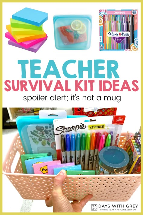 back to school welcome basket for teachers Teacher School Supplies Gift, Teacher Box Ideas, School Supplies For Teachers Gift, Teacher Bag Gift Ideas, Diy Gift Basket For Teacher, Teacher Supply Gifts, New Teacher Gift Basket Survival Kits, First Year Teacher Gifts Basket, Gifts For Prek Teachers