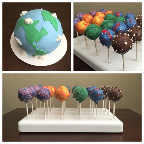 Earth cake and planet cake pops. Made September 2015. 321 Blastoff Birthday, Outer Space Cake Pops, Earth Tone Cake, 321 Blast Off Birthday, Earth Birthday Party, Planet Cake Pops, Cake And Cake Pops, Solar System Cake, Science Cake