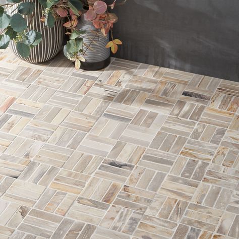 Artmore Tile Petra Brown 12-in x 12-in Tumbled Natural Stone Marble Basketweave Stone Look Tile (0.96-sq. ft/ Piece) Lowes.com Wood Floor Wall, Wall Mosaic, Ivy Hill Tile, Into The Wood, Wood Mosaic, Stone Look Tile, Wood Look Tile, Mosaic Flooring, Bathroom Floor Tiles