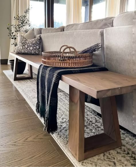 Couch Bench Living Room, Back Of Couch Entryway, Accent Column Living Rooms, Organic Modern Island Decor, Sofa Benches Living Room, Living Room Bench Ideas, Small Modern Farmhouse Decor, Decorative Bench Living Room, Behind Sofa Bench