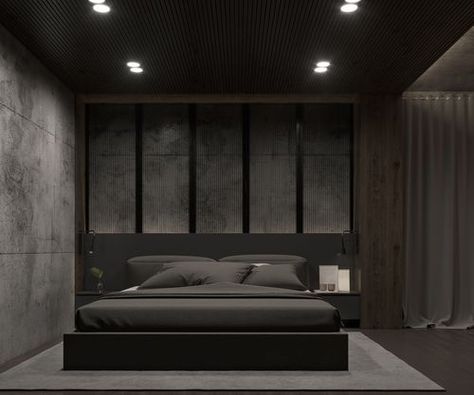 Dark bedroom with grey bed on wood and concrete wall.Exposed brick walls or concrete plains make a high-end décor scheme for industrial bedrooms. #bedroom #bedroomdecor #urban #industrial #bedrooms #gray #graybedroom #interior #bedroominterior #interiordesign #decor #greyinterior #classy #interiordecor Black Marble Bedroom, Concrete Wall Bedroom, Urban Industrial Bedroom, Concrete Bedroom, Marble Bedroom, Modern Apartment Interior, Concrete Interiors, Dark Bedroom, Industrial Bedroom