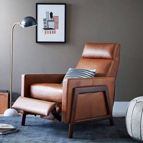 What a recliner looks like today! Love the cognac color but also comes in a soft black.  Spencer Wood Framed Leather Recliner | west elm Office Chair Diy, Modern Recliner, Oversized Furniture, Leather Recliner Chair, Brown Living Room, Plywood Furniture, Leather Recliner, New Living Room, Leather Furniture