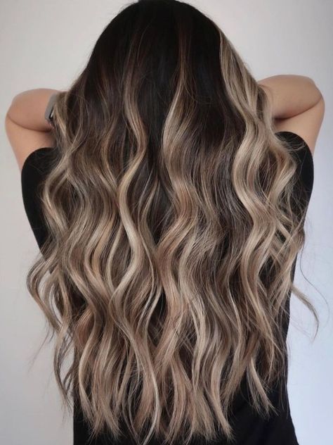 Dark Hair with Blonde Balayage Dark Brown With Blonde Balayage, Darker Blonde Balayage, Dark Brown To Blonde Balayage, Balage Hair, Balayage Hair Ideas, Ombre Hairstyles, Dyed Hair Ombre, Blonde Hair With Roots, Balayage Long Hair