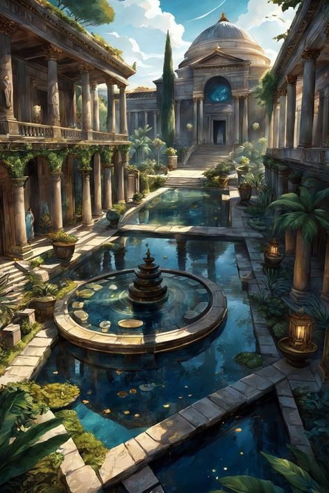 Fantasy Courtyard, Huge Building, Mystic Places, Garden Castle, Storytime Themes, Cool Playgrounds, Fantasy Cities, Castle House Design, Indoor Courtyard