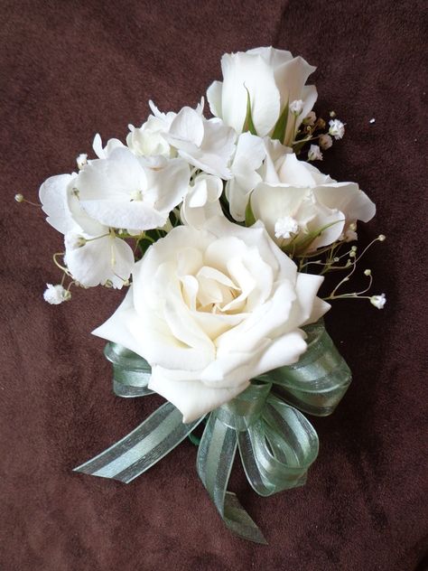 Corsage made from White Spray Roses and Hydrangea - Abbi's Bridal Design LLC Cream Corsage And Boutonniere, White Rose Wrist Corsage Wedding, White Rose And Eucalyptus Wrist Corsage, Hydrangea Corsage, White Carnation Corsage, White Spray Rose Corsage, Hydrangea Boutonniere, White Spray Roses, Rose Corsage