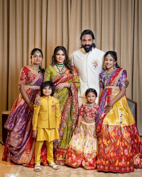 Viranica Manchu on Instagram: "Happy Ugadi 🥭💜♥️💛💚  Outfits: @viranicaofficial  Jewelry: @vasundharadiamondrf  HMU: @pixelperfectmakeup_visali" Viranica Manchu, Outfits Traditional, Saree Function, Happy Ugadi, Half Saree Function, Lehenga Crop Top, Mom Daughter Outfits, Saree Ideas, Daughter Outfits