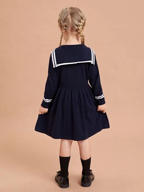 SHEIN Toddler Girls Sailor Collar Striped Pattern Sweater Dress | SHEIN USA Girls Sailor Dress, Girls Sweater Dress, Girls Sweater, Sailor Dress, Sailor Collar, Sweater Dresses, Toddler Girl Dresses, Pattern Sweater, Shein Style