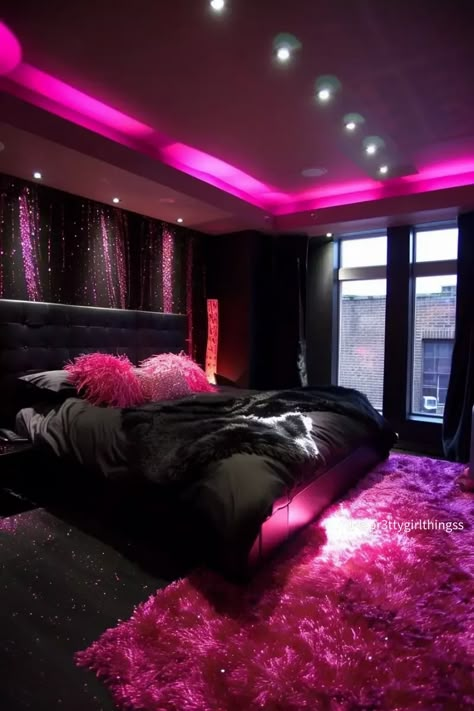 Black Pink Room Decor, Black And Pink Bed, Girly Room Ideas For Teens, Bedroom Ideas Kpop, Black Pink Room, Black And Pink Bedroom Ideas, Black And Pink Room Ideas, Pink Room Decor Bedroom, Black And Pink Room