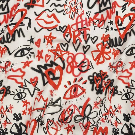 Red And Black Graffiti, Painted Doodles, Black Graffiti, Red Spray Paint, Mood Designer Fabrics, Graffiti Doodles, Mood Fabrics, Fabric Letters, Graffiti Prints