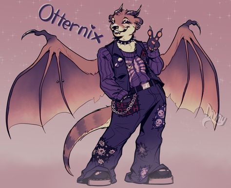 Punk otter fursona otternix otter otters 0tt3rn1x fursona purple sweater skull sweater patch pants fursona with piercings Otter Fursona Art, Punk Fursona, Otter Anthro, Otter Fursona, Giant River Otter, Kokanee Salmon, Patch Pants, Animal Crossing Funny, Skull Sweater